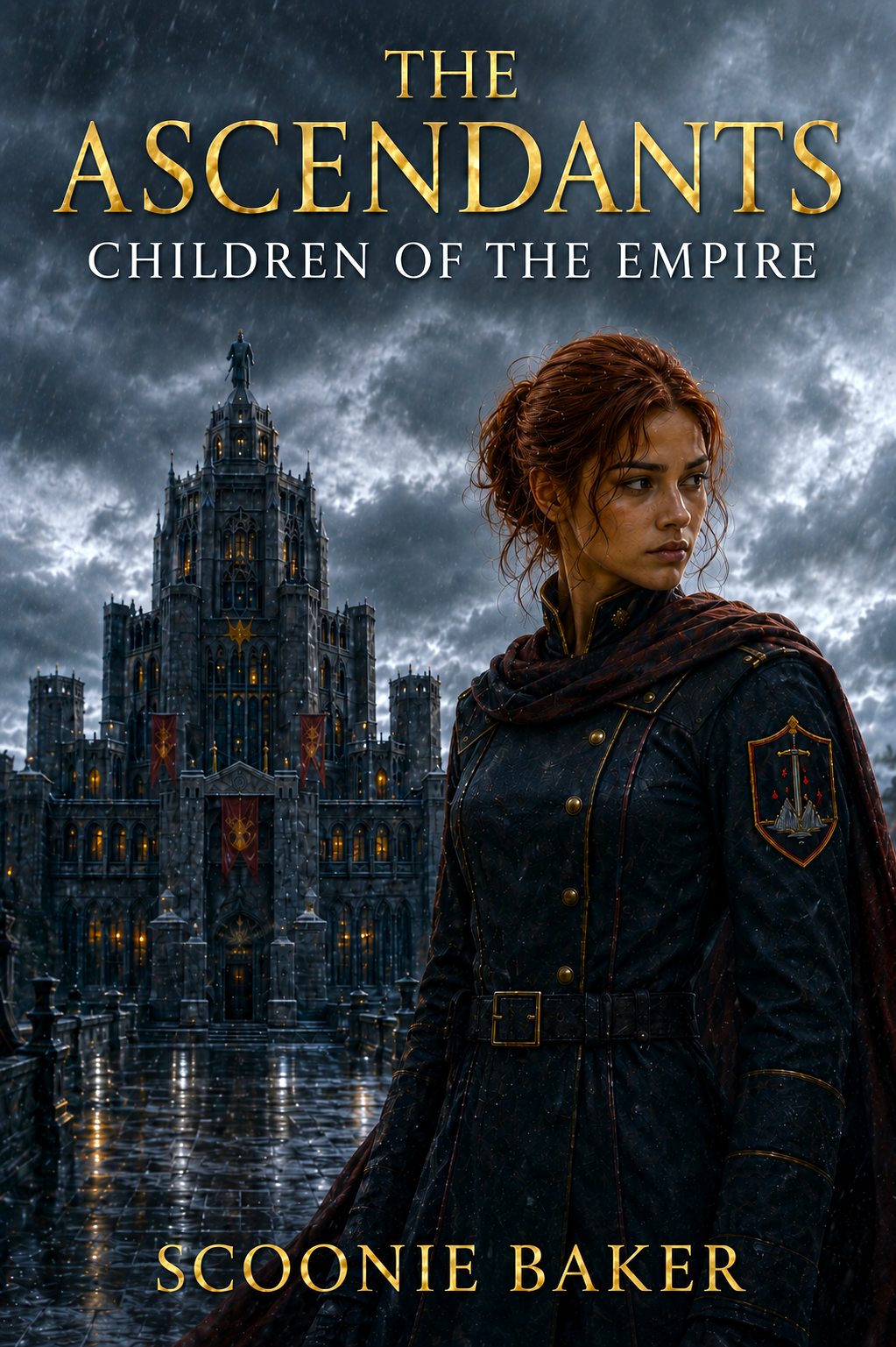 Book cover for The Ascendants: Children of the Empire, a dystopian dark academia novel by Scoonie Baker featuring dramatic imagery of the empire